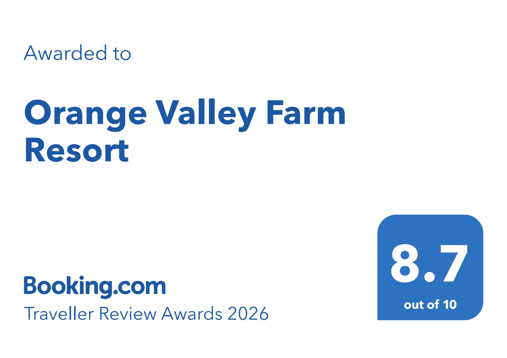 Booking.com Traveller Review Awards 2026 - Orange Valley Farm Resort 8.7 out of 10